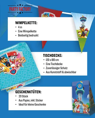 Produktbild von Paw Patrol Party Paket 94tlg Tischdecke Wimpelkette Geschenktüten Partygeschirr