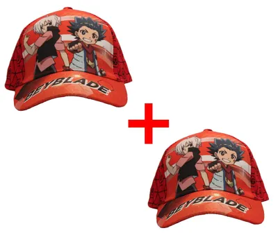 Produktbild von Beyblade Burst Baseball Cap, 2er-Set Mützen mit Klettverschluss, Valt Aoi, Shu Kurenai, Manga-Serie, rot, Größe 52 + 54 cm für Kinder - Geschenk-Set