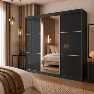 Produktbild von BEAUTYSOFA | Kleiderschrank 240 cm VIVA II Schwarz, Schrank mit Schubladen, Spiegel, Schiebetüren Lacobel-Glas, Garderobenstange & Einlegeböden