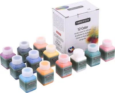 A set of 12 acrylic airbrush paint bottles and their packaging.