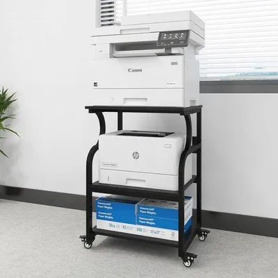 Produktbild von Höhenverstellbarer Druckertisch mit Rädern - Mobiler Druckwagen für Büro und Büro - 3 Etagen, 60 x 50 cm, weiß