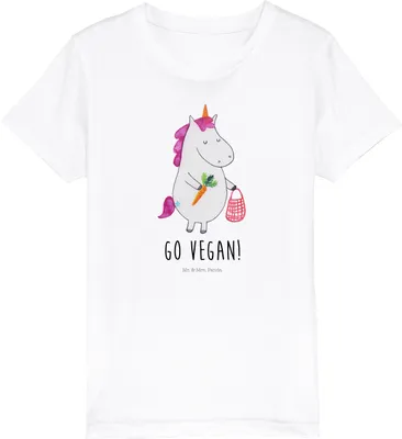 Produktbild von Mr. & Mrs. Panda Kindershirt Einhorn Vegan 7-8 Jahre (122/128) - Weiß - Geschenk, Kinder T-Shirt Jungen, Veganer, Gesund essen, Veganismus, Kleinkinder, Teenager, Leben