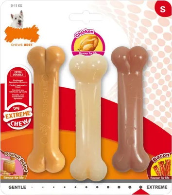 Productafbeelding van Kauwspeeltje voor honden, Nylabone Extreme, smaak bacon en cacaoboter, maat S, gevogelte-nylon (3 stuks)