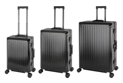 Produktbild von Travelhouse Tokyo Alu Reisekoffer  Reise Trolley 3er Set (Schwarz, Handgepäck, Mittlerer und Großer Koffer XL Set)