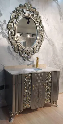 Image de Casa Padrino Ensemble de salle de bain baroque argent / or / crème - 1 lavabo avec dessus en marbre et lavabo en céramique & 1 miroir mural - Somptueux meubles de salle de bain baroques
