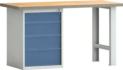 Produktbild von Werkbank PW700 B1500xT700xH840mm Buche Multiplex lichtgrau/brillantblau 4Schubl.