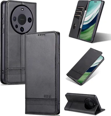 Obrázek produktu pro Kožené pouzdro pro Huawei Mate 60 Pro, skládací peněženkové pouzdro s magnetickým uzávěrem a stojánkem černé