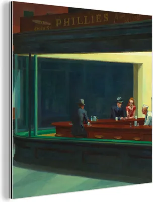 Obrázek produktu pro Nástěnná dekorace Kovový kovový obraz Wall Art 90x90cm Noční jestřábi - Edward Hopper Muchowow Hliníkové obrazy