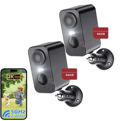 Image de 2 pièces 3MP WLAN CAMÉRAS DE SURVEILLANCE BATTERIE RADIO RÉSEAU IP HD EXTERIEUR DÉTECTEUR DE MOUVEMENTS 64GB TF carte