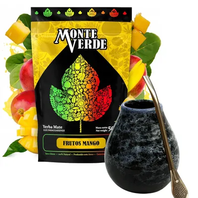 Produktbild von Yerba Mate-Tee Set mit Yerba Mate Monte Verde Frutos Mango 500g - Keramik mate-tee tasse Marmol 350ml - Bombilla 19cm