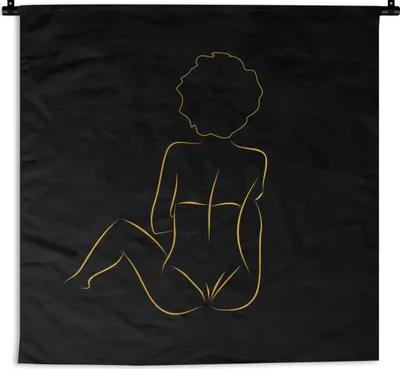 Produktbild von MuchoWow® Wandteppich Wandbehang Frau - Schwarz - Gold - Strichzeichnung 150x150 cm Tapisserie Dekoration Wandtuch - Wohnaccessoires - Modernes