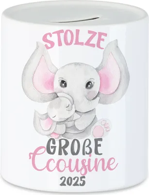 Produktbild von Stolze Große Cousine 2025 Spardose Family Familien Zusammenhalt Geborgenheit Beschützerin Liebe Elefanten