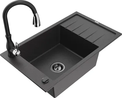 Produktbild von Mexen Elias 1 Becken-Granitspüle mit Abtropffläche und Mischbatterie Savita, Schwarz gesprenkelt - 6511-76-672601-70-B
