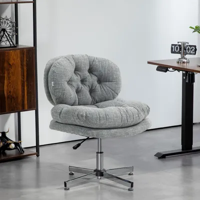Image de Chaise de bureau sans accoudoirs, aspect lin, couleur grise. Chaise de bureau, chaise à dossier croisé