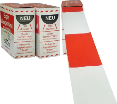 Produktbild von 4 Rollen Warnband *SUPER* 500m Folien-absperrband mit Abrollkarton Rot/Weiss Signalband Sperrband Flatterband Warnband Makierungsband