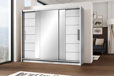 Produktbild von Schiebtürenschrank mit Spiegel LIZBONA II, Kleiderschrank mit Schubladen, Sideboard 3-türig Schrank (Weiß)
