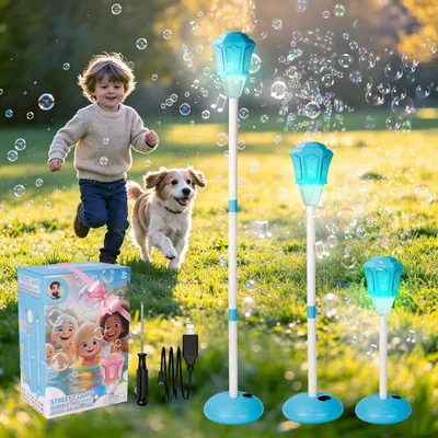 Produktbild von Seifenblasenmaschine Kinder mit LED Licht & Musik, automatische Bubble Machine 47 Zoll, wiederaufladbar, 2 in 1 für Garten Party & Geburtstag