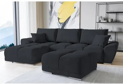 Produktbild von Set Velvet Ecksofa in L-Form 289 x 189 cm + Polsterhocker, Sofa mit Schlaffunktion, Fußhocker, Schlafsofa mit Bettkasten, Sitzpouf Farbe: Schwarz