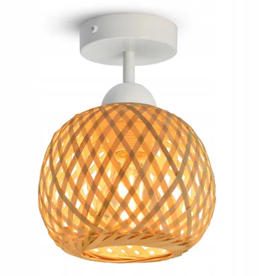 A single ceiling light fixture with a woven bamboo shade.