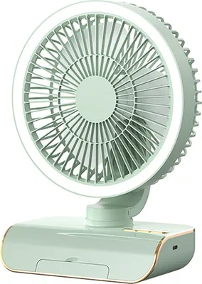 Produktbild von Multifunktionsventilator fuer den Schreibtisch, wiederaufladbarer USB-Ventilator, automatischer Ventilator, Ventilator mit Umgebungsbeleuchtung fuer das Homeoffice, 5 Geschwindigkeitsstufen, mit Fernbedienung, Basis kann als Handyhalter verwendet werden, Gruen