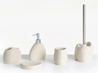 Produktbild von BELIANI Badezimmer Set 5-Teilig Hellbeige Kunstharz Betonoptik Modern Seifenschale Seifenspender Zahnbürstenhalter Toilettenbürste Becher Badausstattung