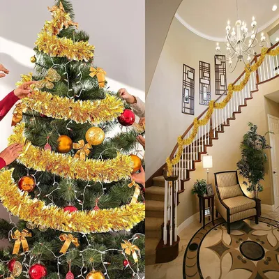 Image de Lametta, guirlande de 6 pièces, 2 mètres, couleur or, décoration de Noël, ornement pour sapin de Noël