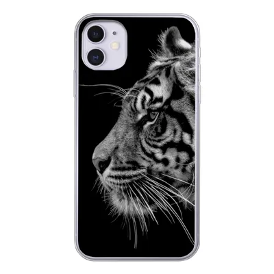 Produktbild von MuchoWow® Handyhülle Schutzhülle Hülle für iPhone 11 Tiger auf schwarzem Hintergrund in schwarz und weiß Silikon Softcase Handy Hülle - Handytasche