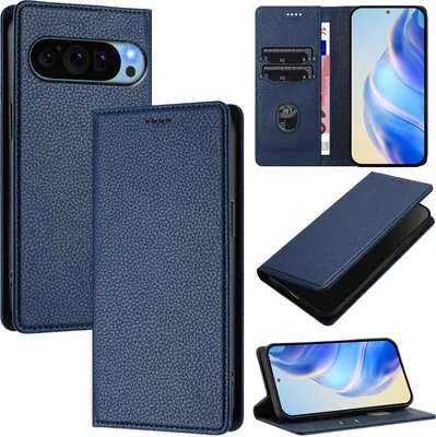 Image de Étui en cuir pour Google Pixel 10 Pro XL, Litschi cuir, étui portefeuille avec fentes pour cartes et support Bleu
