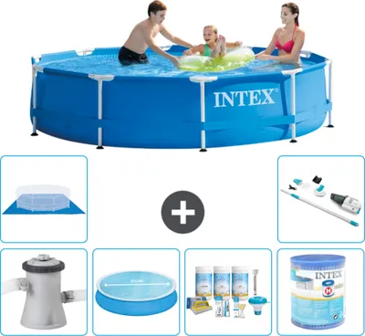 Produktbild von Intex Rundrahmen-Schwimmbecken – 305 x 76 cm – Blau – inklusive Pumpe Sonnensegel - Wartungspaket - Filter - Bodenplane - Staubsauger