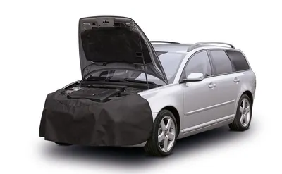 A silver station wagon with its hood open and a black protective cover draped over the front engine area, set against a white background.