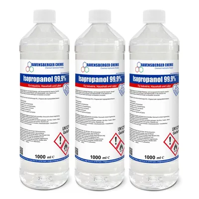 Produktbild von Ravensberger Chemie Isopropanol 99,9 % – hochreiner Alkohol zum Reinigen & Entfetten, rückstandsfrei, für Technik, Werkstatt & Industrie - 3x 1 Liter