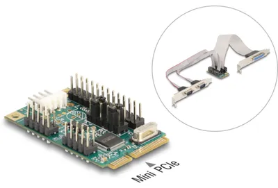 Imagen del producto de Delock Adaptador Mini PCIe a PCIe de tamaño completo, con 1 puerto paralelo y 2 puertos serie RS-232, con alimentación de 5 V / 12 V