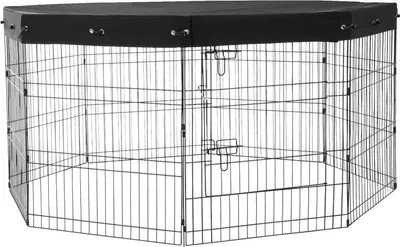 A black metal dog playpen with a black fabric cover on top, shown from the front in an isolated studio setting.