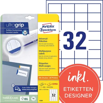 Produktbild von Avery Zweckform 4789 Universal-Etiketten, A4 mit ultragrip, 48,3 x 33,8 mm, 960 Etiketten/30 Bogen, weiß