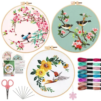 Image de Kit de broderie pour débutants, comprenant 3 pièces, avec des motifs d'oiseaux et des accessoires