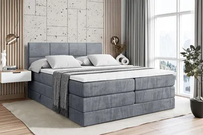 Produktbild von ALTDECOR Boxspringbett mit 2 Matratzen und Topper - 180x200 cm - ARDENI KING - Grau Samt - Polsterbett mit, H3- und H4- Matratzen, Bettkasten und Lattenrost, Bett mit Stauraum