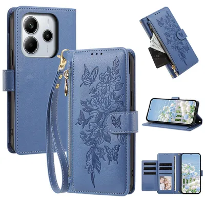 Image de Étui pour Xiaomi Poco M7 Pro 5G/Redmi Note 14 5G, étui en cuirPolyuréthanede type portefeuille avec compartiments, support pour cartes et dragonne, couleur bleu foncé