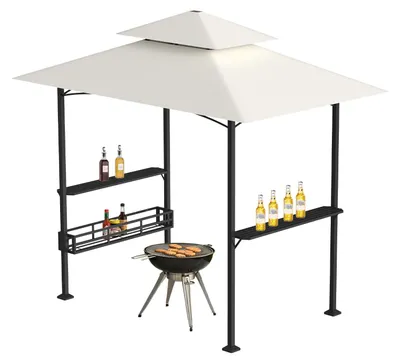 Immagine prodotto di Gazebo per barbecue Vigevee con doppio tetto 238x148x250 cm, beige, con ripiani laterali, ganci e apribottiglie per il giardino