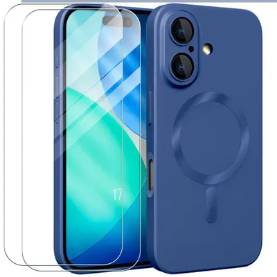 Image de Coque + 2 Verres Trempés pour iPhone 17, Protection Silicone avec Cercle Magnétique Bleu Marine