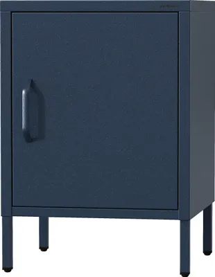 A dark blue metal cabinet with a single door and a handle, standing on four legs.