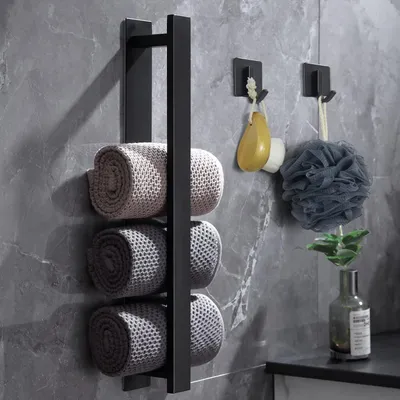 Image de Porte-serviettes sans perçage, noir, 40 cm, en acier inoxydable, porte-serviettes pour invités, barre porte-serviettes de salle de bain, porte-serviettes adhésif pour salle de bain, porte-serviettes de bain avec 2 crochets (noir mat)