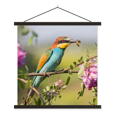 Produktbild von MuchoWow® Textilposter Vogel - Bienenfresser - Blumen 90x90 cm mit schwarzem Rahmen - Magnetisches