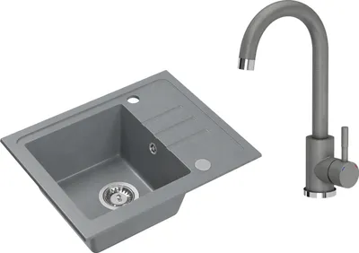 Produktbild von VBChome Spülbecken Granit Grau mit Armatur 55 x 44 cm Einzelbecken Einbauspüle Gesprenkelt Reversibel Granitspüle Siphon Waschbecken Armatur Grau