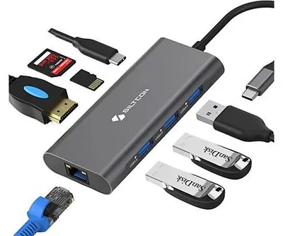 Produktbild von Siltcon® 8-in-1 USB-C Hub Dockingstation – HDMI 4K 30Hz, RJ45, PD 100W, 3x USB 3.0, SD/TF – Spacegrey