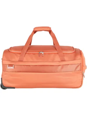 A studio shot of an orange duffel bag with wheels.