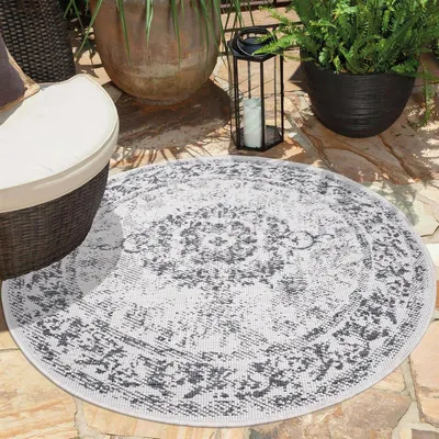 Produktbild von Teppich Outdoor Wetterfest - Grau - Wendeteppich - 120 cm Rund - Ornamente