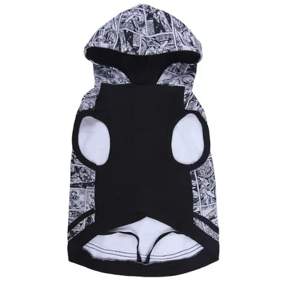 The back view of a dog hoodie with a comic book pattern.