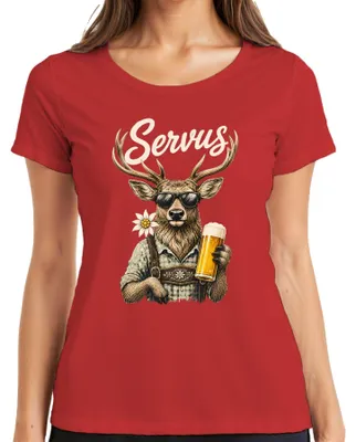 Produktbild von Servus Hirsch Lederhosen Bier Edelweiß Bayern Trachtenshirt Dirndl Damen T-Shirt, Rot, XXL