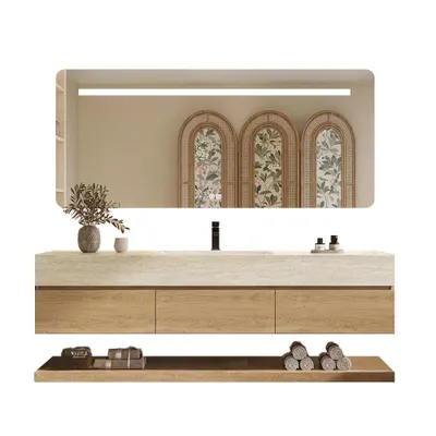 Produktbild von Wandhängendes Waschbecken-Set - Sinterstein - Travertine look, mit Spiegel, Unterschrank, Ablage & Ablauf, mit Armaturenloch 120×55 cm【YT9865-120 K】