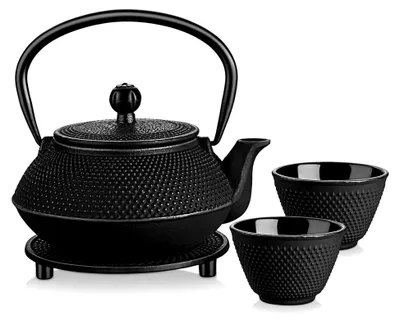 Produktbild von Teekanne mit Sieb im japanischen Stil, 680ML Teekessel Gusseisen, Teebereiter mit Abnehmbare Edelstahl-Sieb, Teekanne mit Basis und 2 Teebecher